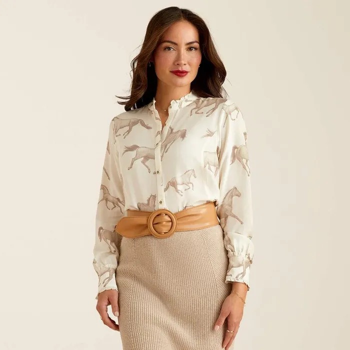 Women TShirts and Tops Ariat Clarion Blouse Sepia Horse Print