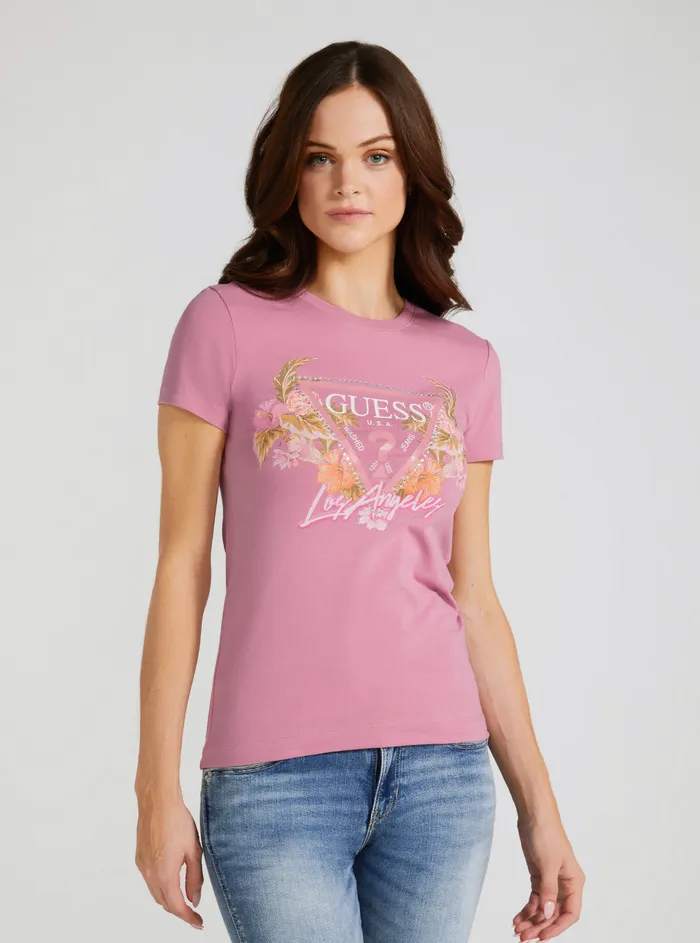 Women Tees and Tanks GUESS Eco Blush Flowers Logo Tshirt