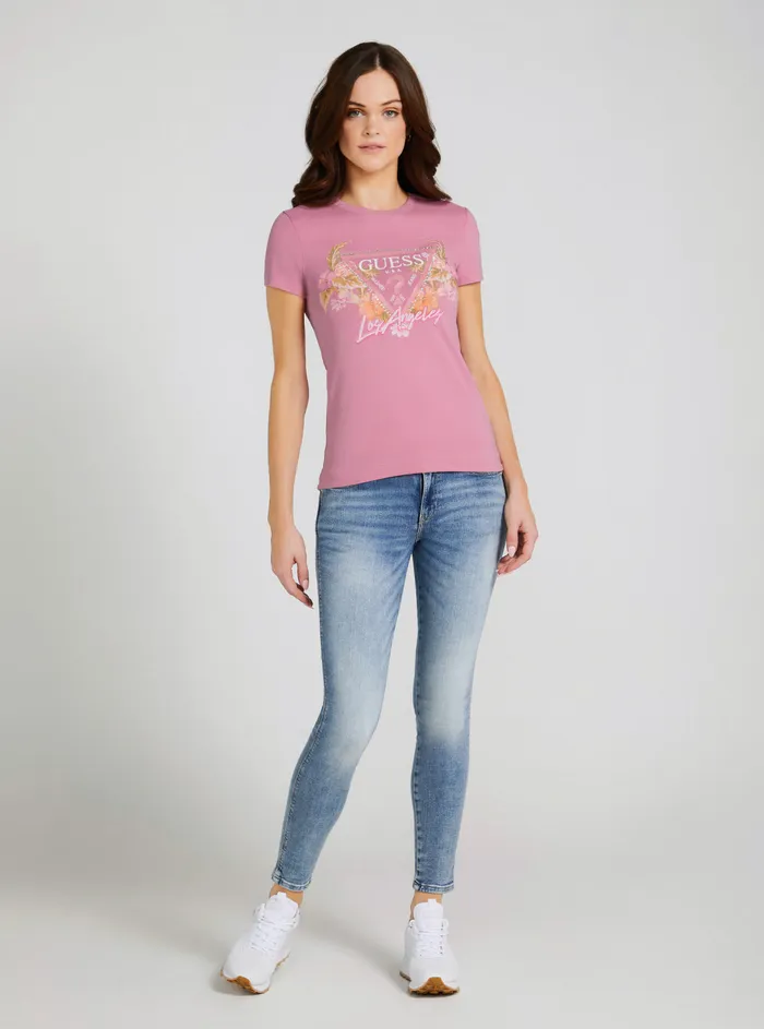 Women Tees and Tanks GUESS Eco Blush Flowers Logo Tshirt