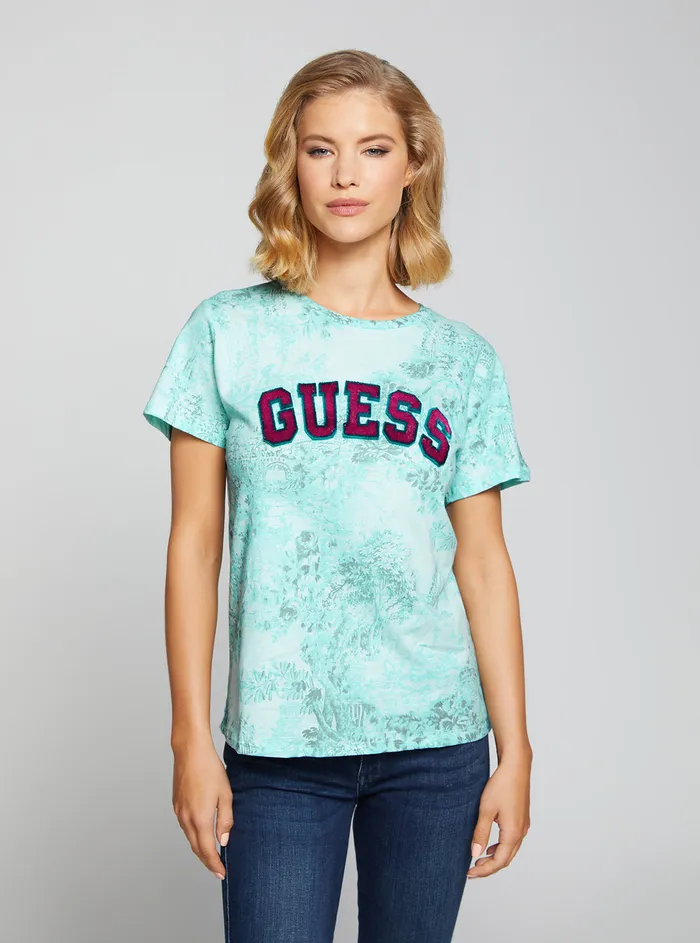 Women Tees and Tanks GUESS Eco Green Varsity Logo Tshirt
