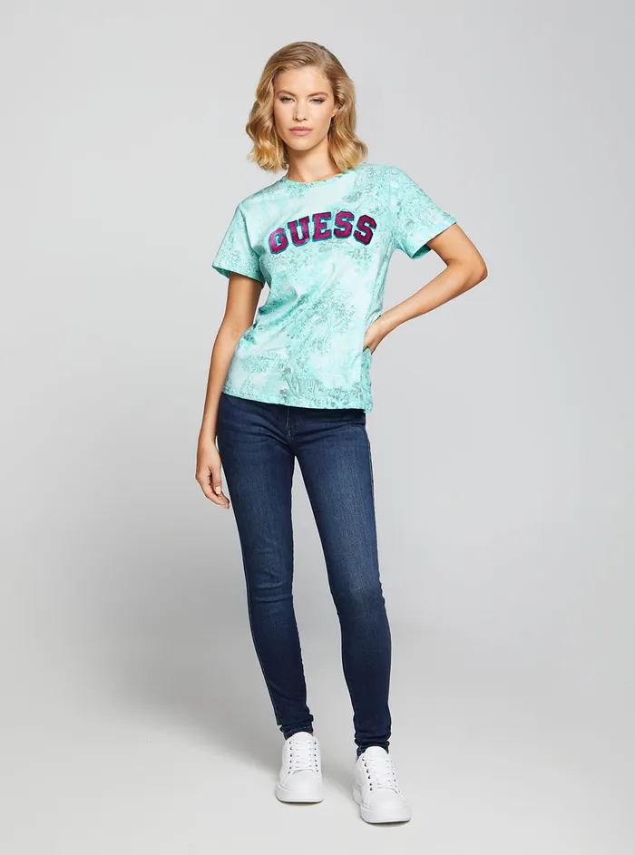 Women Tees and Tanks GUESS Eco Green Varsity Logo Tshirt Women Tees and Tanks GUESS Eco Green Varsity Logo Tshirt
