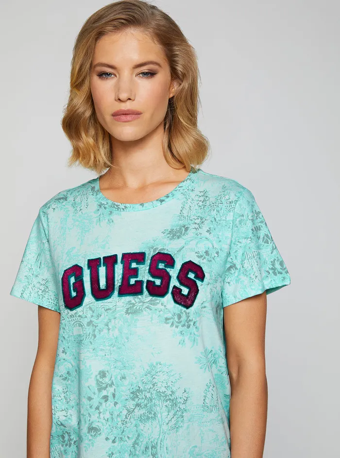 Women Tees and Tanks GUESS Eco Green Varsity Logo Tshirt Women Tees and Tanks GUESS Eco Green Varsity Logo Tshirt