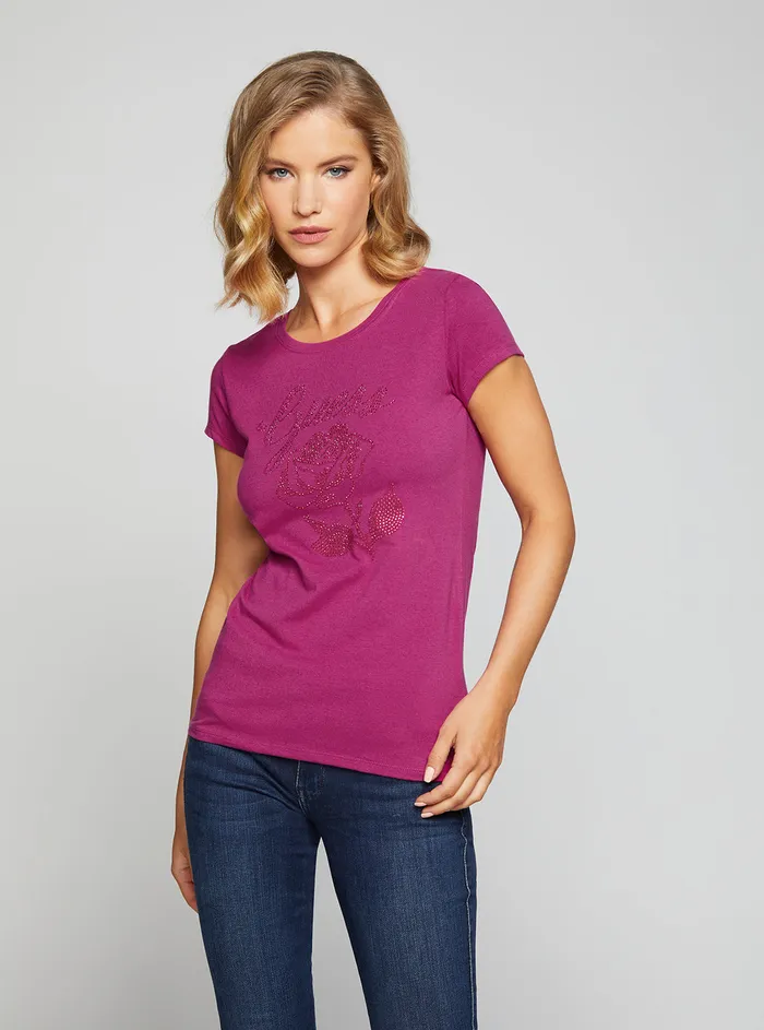 Women Tees and Tanks GUESS Eco Magenta Rose Logo Tshirt