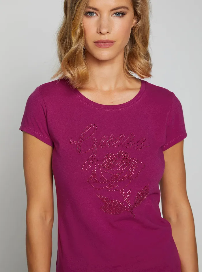 Women Tees and Tanks GUESS Eco Magenta Rose Logo Tshirt Women Tees and Tanks GUESS Eco Magenta Rose Logo Tshirt