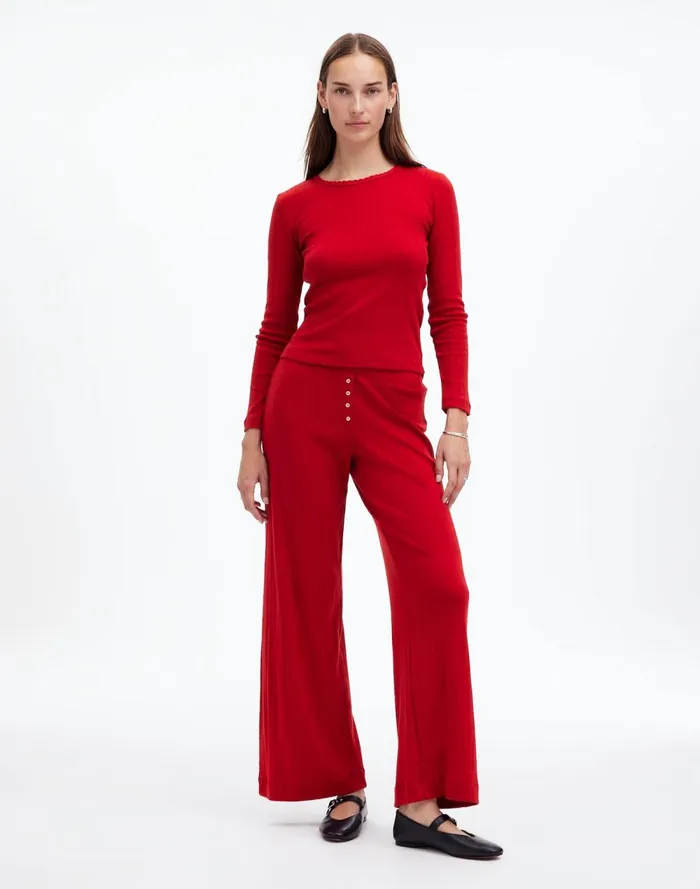 Women Tees Madewell Madewell X LESET Pointelle Perfect Tee and Pant Set Red