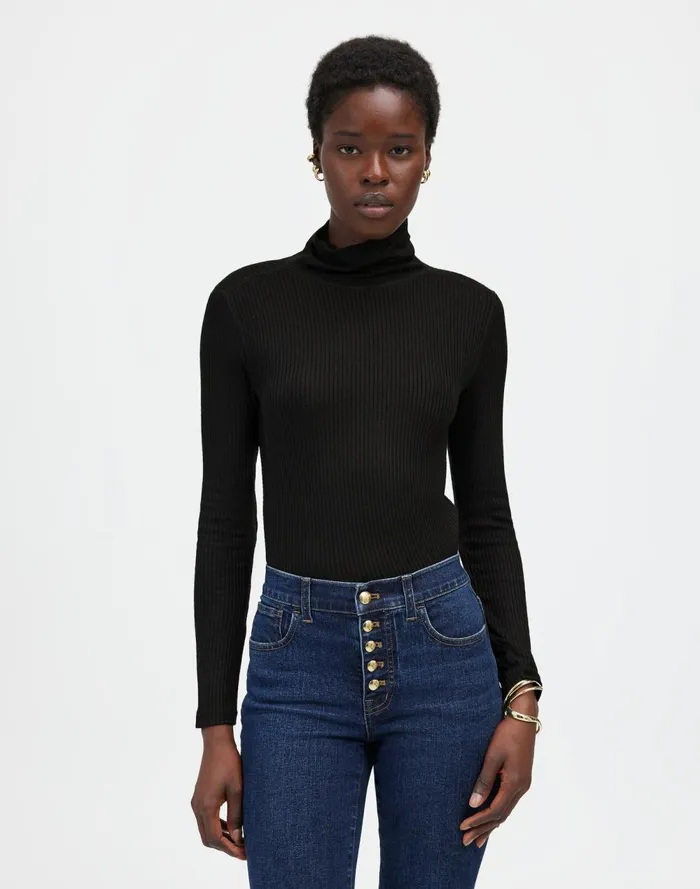 Women Tees Madewell Ribbed Turtleneck LongSleeve Tee Jet Black