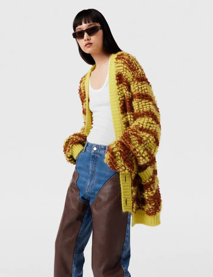 Women TigerPattern BouclKnit Cardigan Yellow And Rust Stella McCartney Knitwear