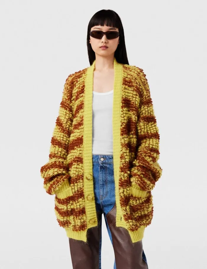 Women TigerPattern BouclKnit Cardigan Yellow And Rust Stella McCartney Knitwear