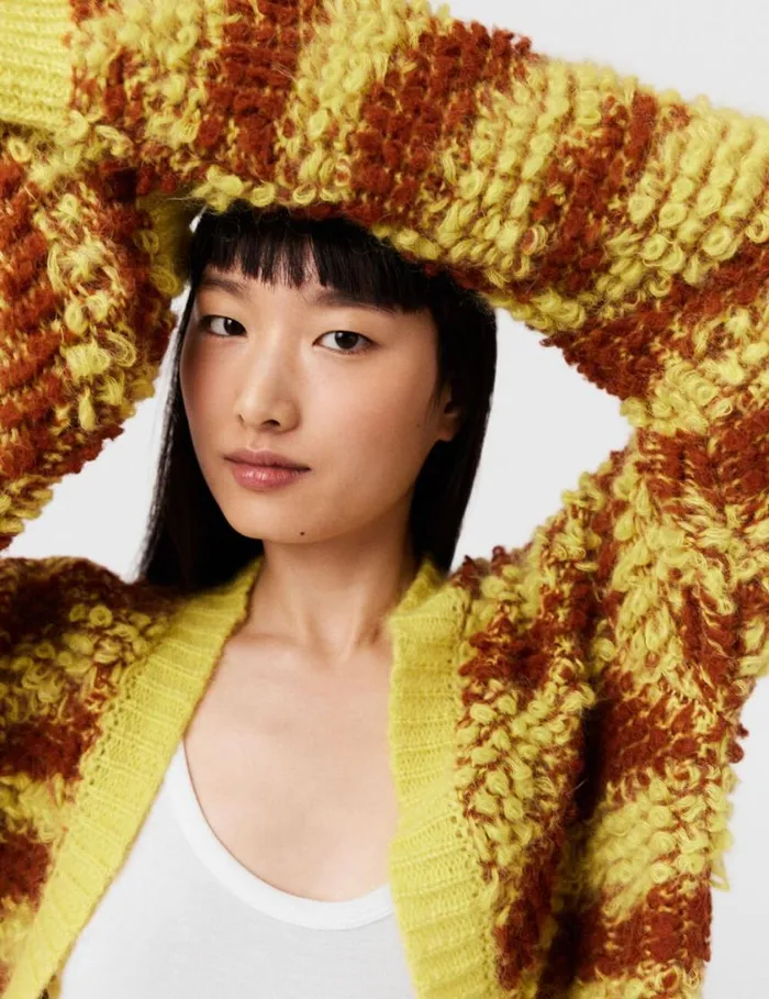 Women TigerPattern BouclKnit Cardigan Yellow And Rust Stella McCartney Knitwear