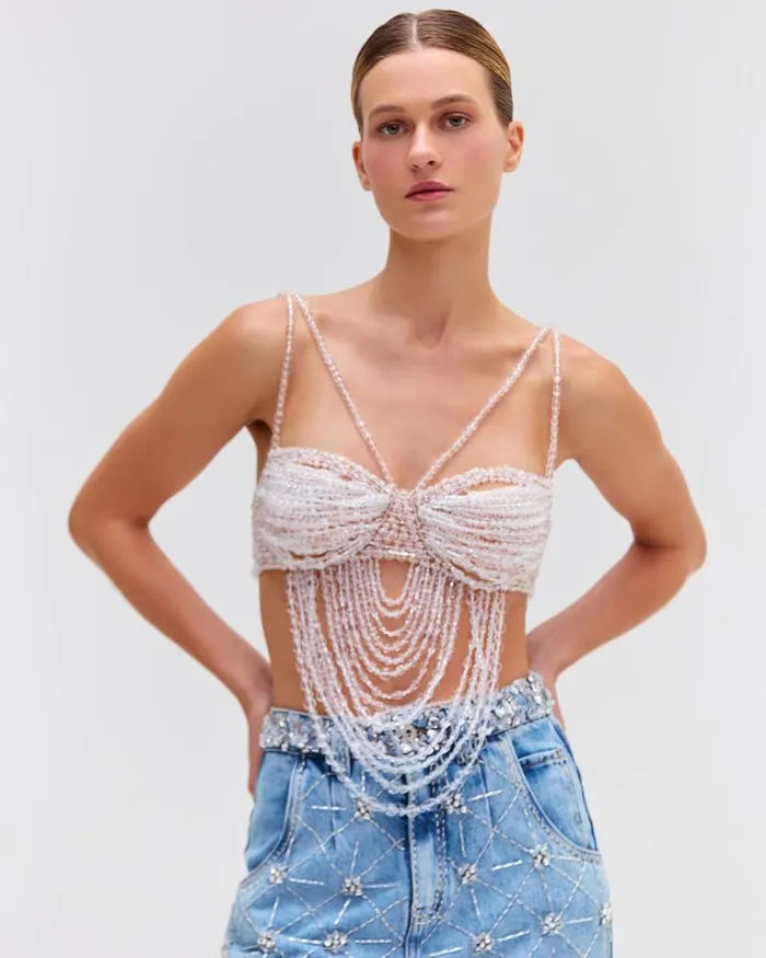 Women Tops and Bodysuits PatBO HandBeaded Bralette RUNWAY Clear