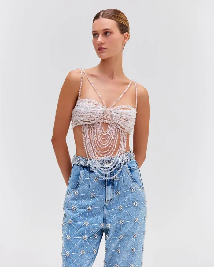 Women Tops and Bodysuits PatBO HandBeaded Bralette RUNWAY Clear