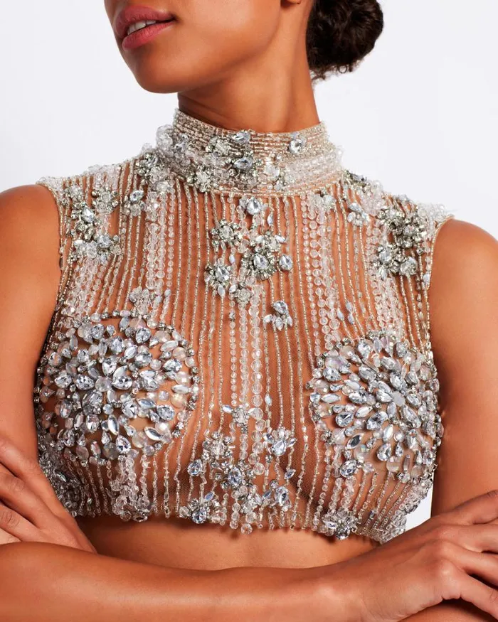 Women Tops and Bodysuits PatBO HANDBEADED CROPPED TOP Silver