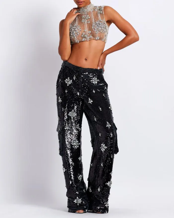 Women Tops and Bodysuits PatBO HANDBEADED CROPPED TOP Silver