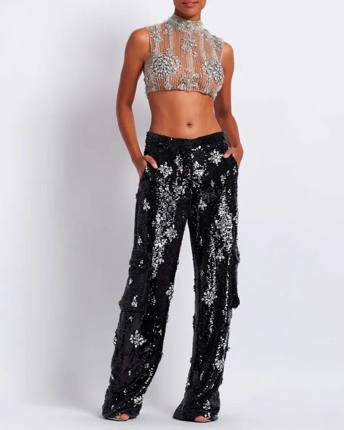 Women Tops and Bodysuits PatBO HANDBEADED CROPPED TOP Silver