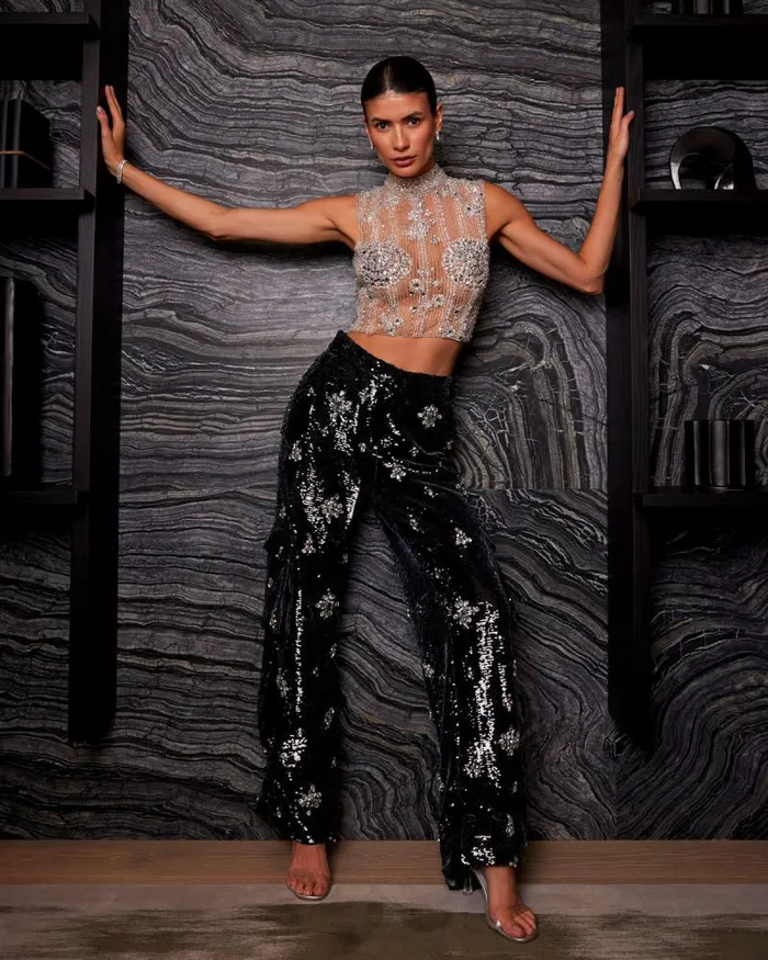 Women Tops and Bodysuits PatBO HANDBEADED CROPPED TOP Silver