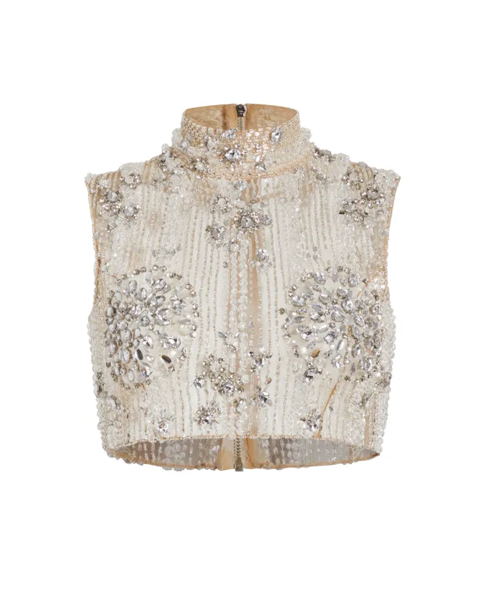 Women Tops and Bodysuits PatBO HANDBEADED CROPPED TOP Silver