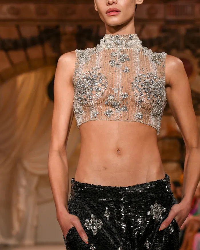 Women Tops and Bodysuits PatBO HANDBEADED CROPPED TOP Silver