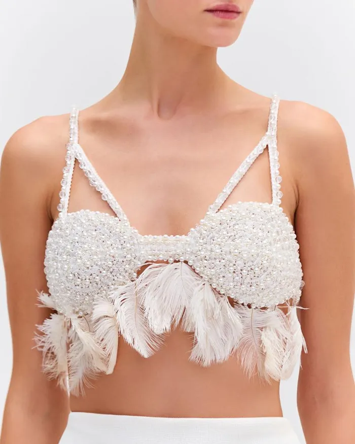 Women Tops and Bodysuits PatBO HandBeaded Feather Top EXCLUSIVE White