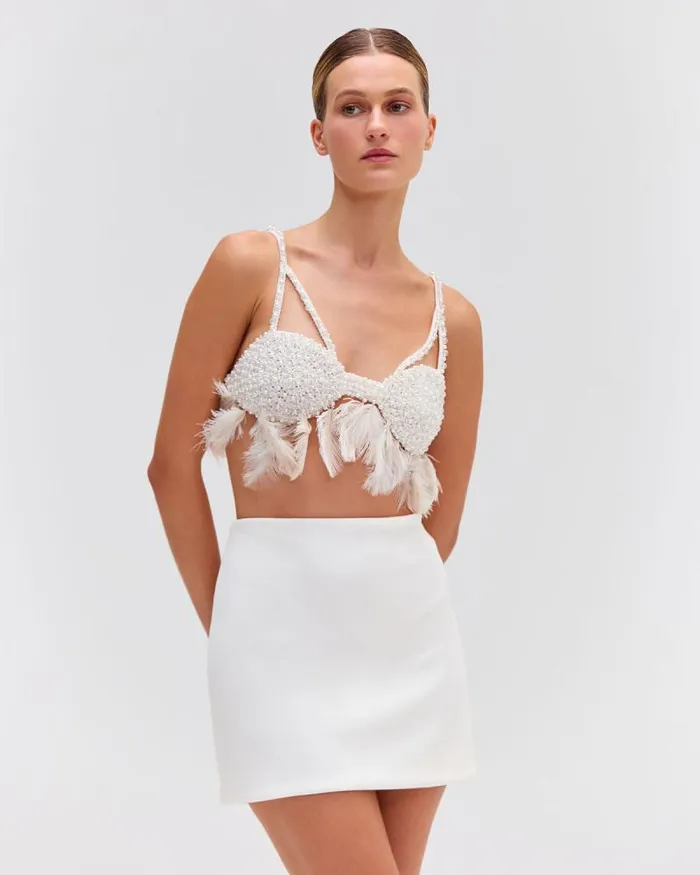 Women Tops and Bodysuits PatBO HandBeaded Feather Top EXCLUSIVE White