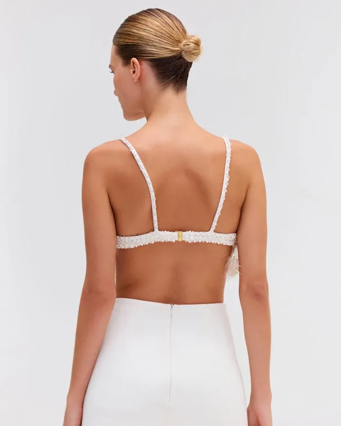 Women Tops and Bodysuits PatBO HandBeaded Feather Top EXCLUSIVE White
