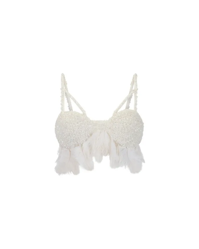 Women Tops and Bodysuits PatBO HandBeaded Feather Top EXCLUSIVE White