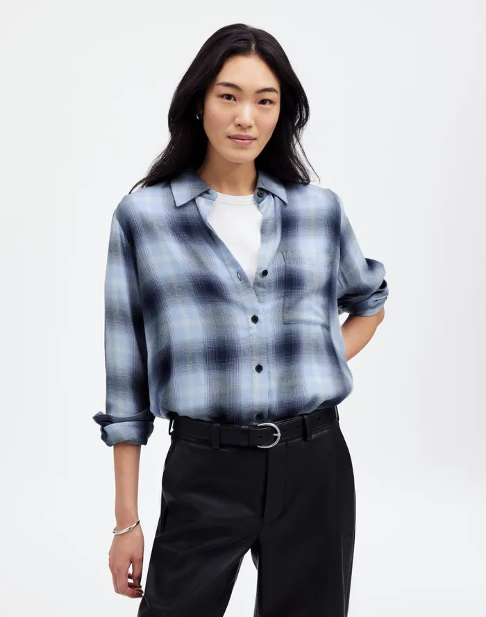 Women Tops and Shirts Madewell Easy YNeck ButtonUp Shirt Deep Indigo