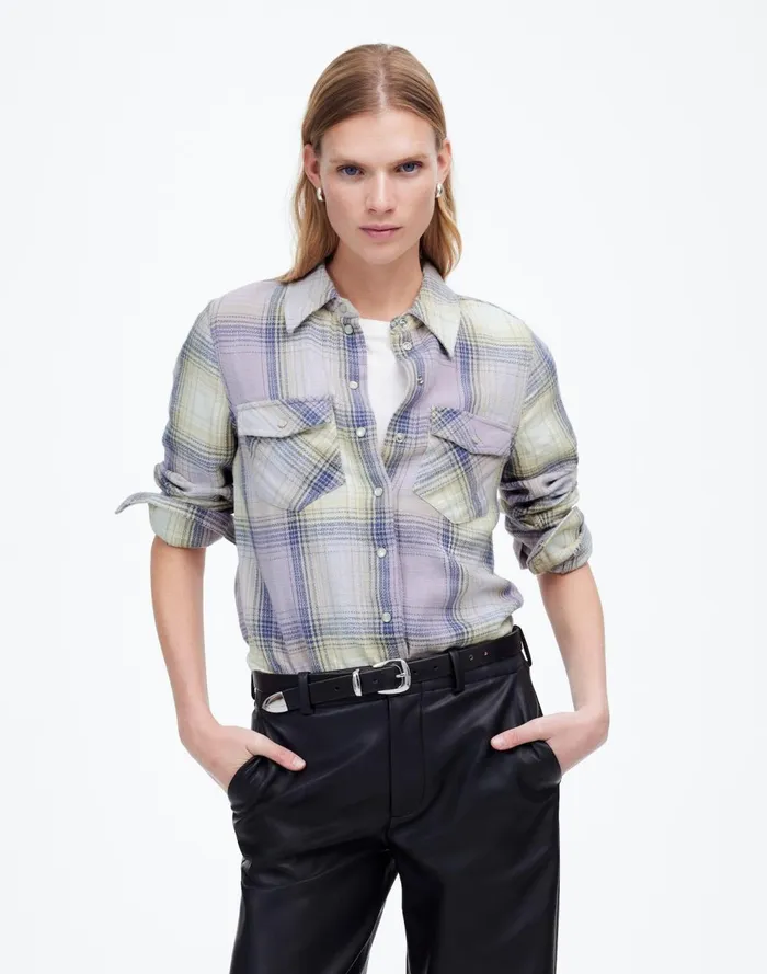 Women Tops and Shirts Madewell Flannel SnapFront Shirt In Plaid Soft Orchid