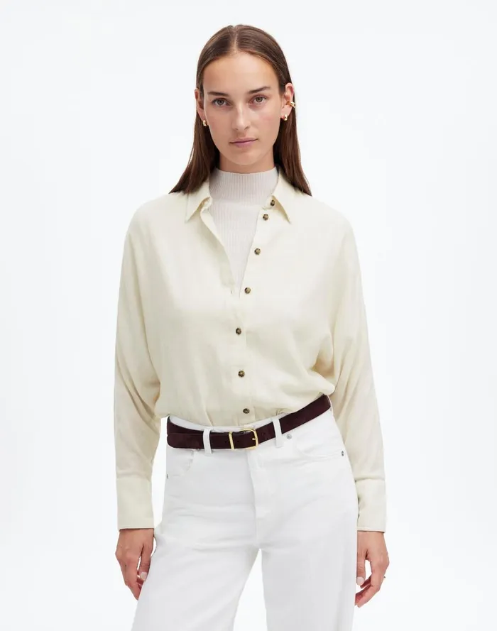 Women Tops and Shirts Madewell Heathered Flannel Dolman ButtonUp Shirt Ivory Melange