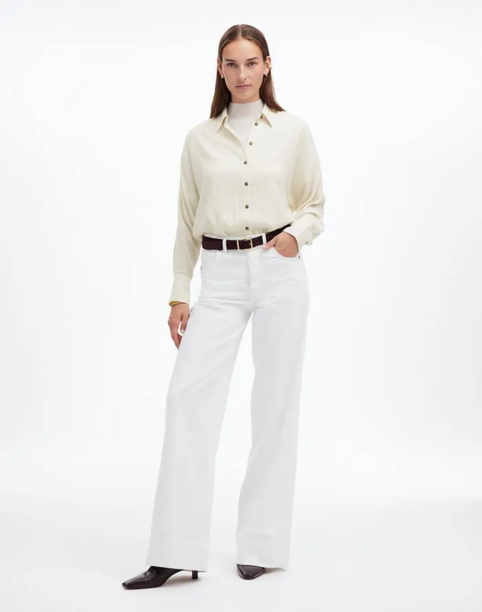 Women Tops and Shirts Madewell Heathered Flannel Dolman ButtonUp Shirt Ivory Melange