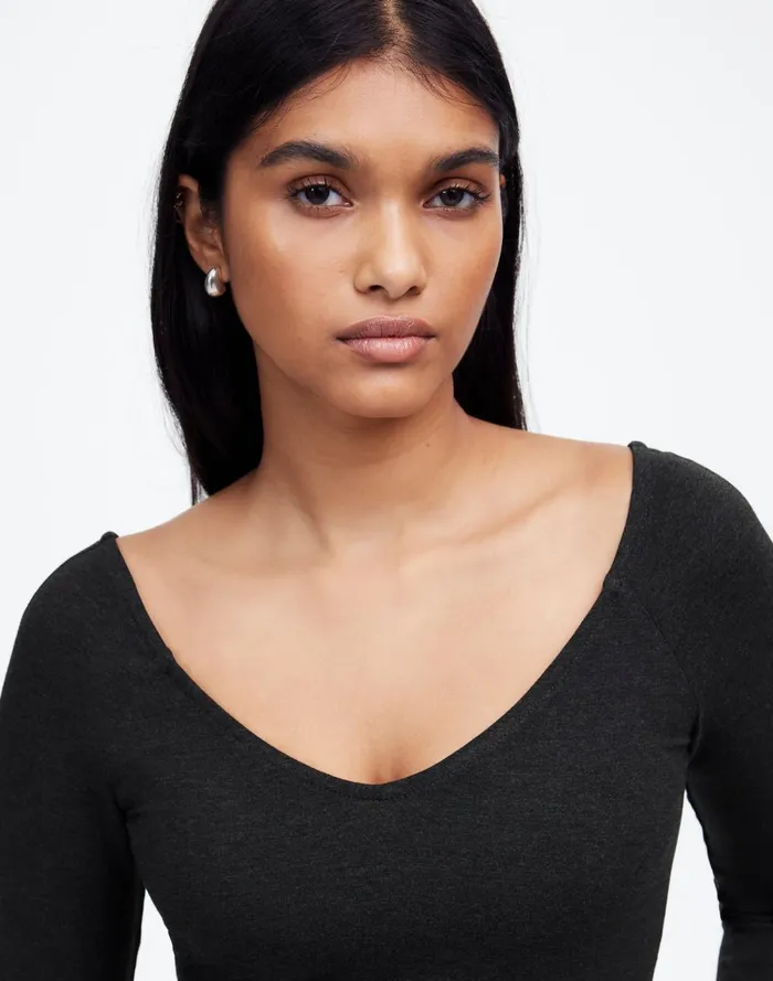 Women Tops and Shirts Madewell Jersey VNeck LongSleeve Top Hthr Charcoal