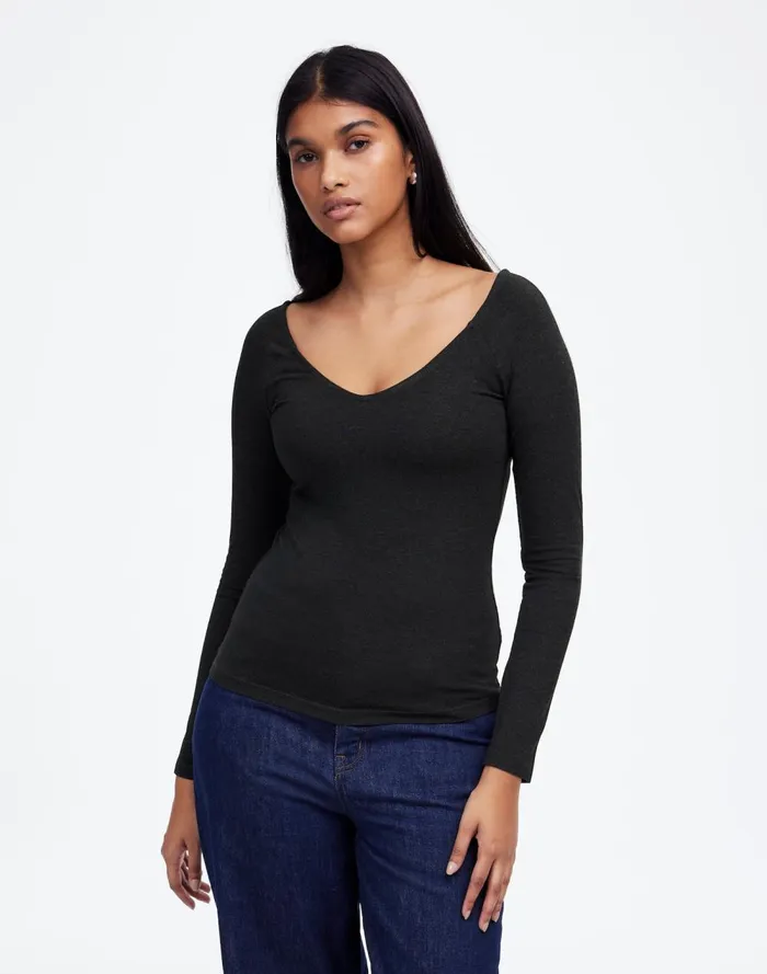 Women Tops and Shirts Madewell Jersey VNeck LongSleeve Top Hthr Charcoal