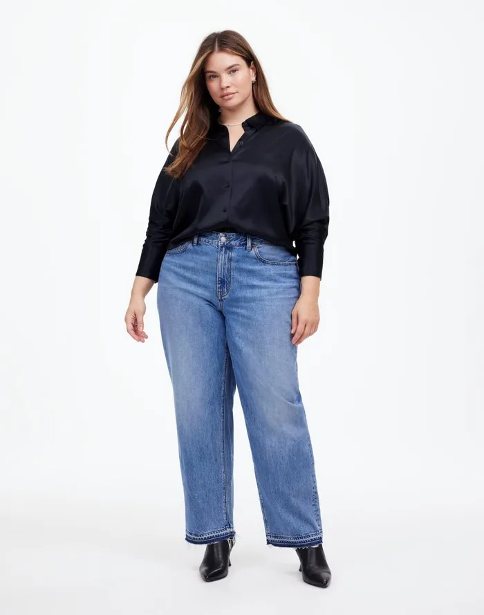 Women Tops and Shirts Madewell Plus Relaxed Dolman ButtonUp Shirt In Satin True Black