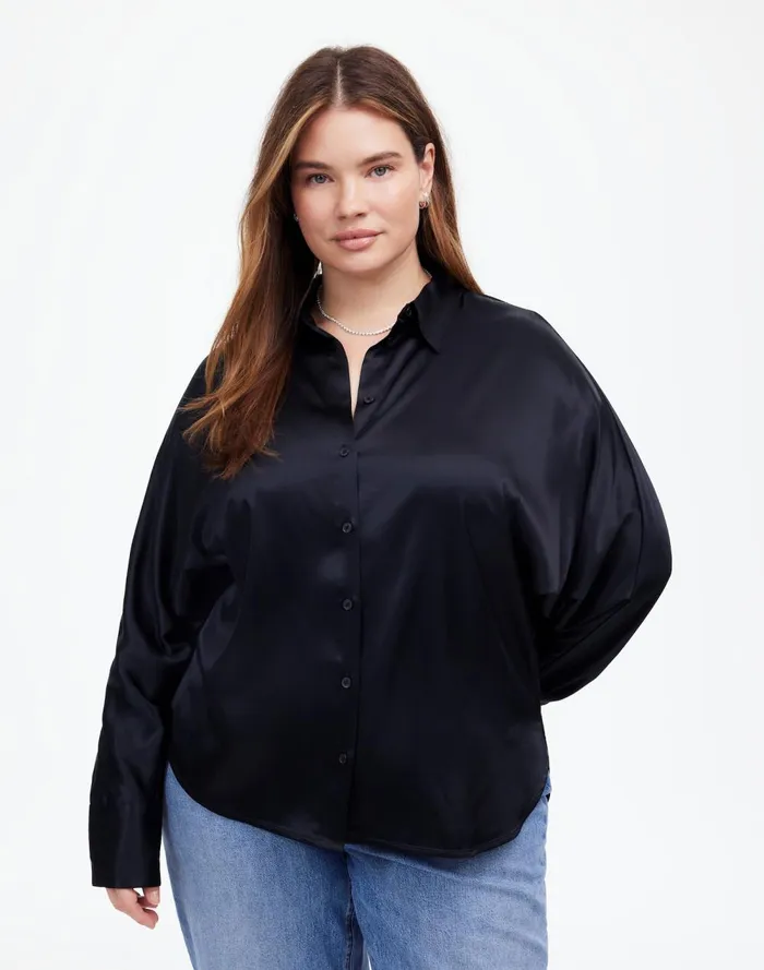 Women Tops and Shirts Madewell Plus Relaxed Dolman ButtonUp Shirt In Satin True Black