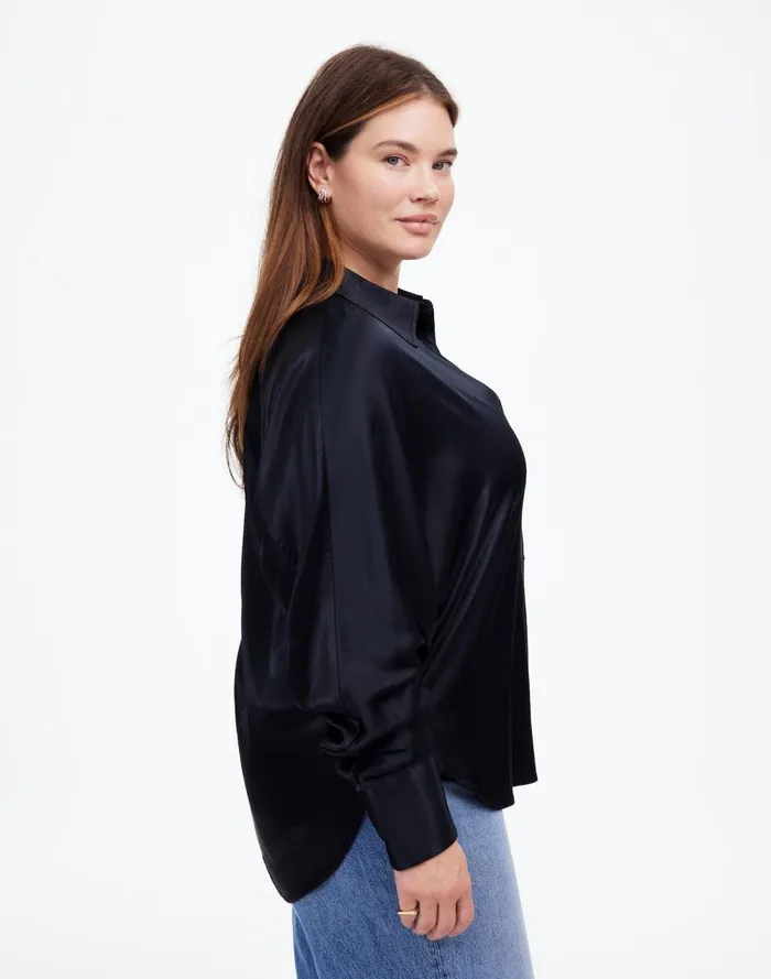 Women Tops and Shirts Madewell Plus Relaxed Dolman ButtonUp Shirt In Satin True Black