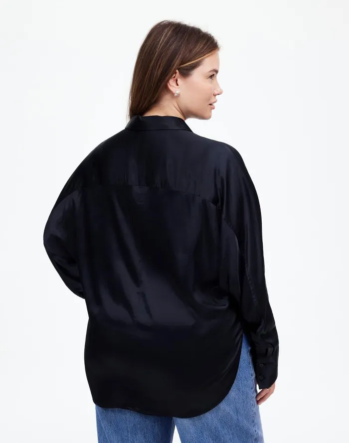 Women Tops and Shirts Madewell Plus Relaxed Dolman ButtonUp Shirt In Satin True Black