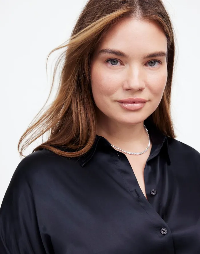 Women Tops and Shirts Madewell Plus Relaxed Dolman ButtonUp Shirt In Satin True Black