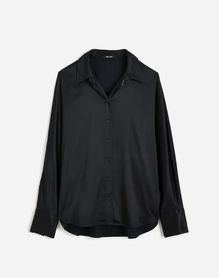 Women Tops and Shirts Madewell Plus Relaxed Dolman ButtonUp Shirt In Satin True Black