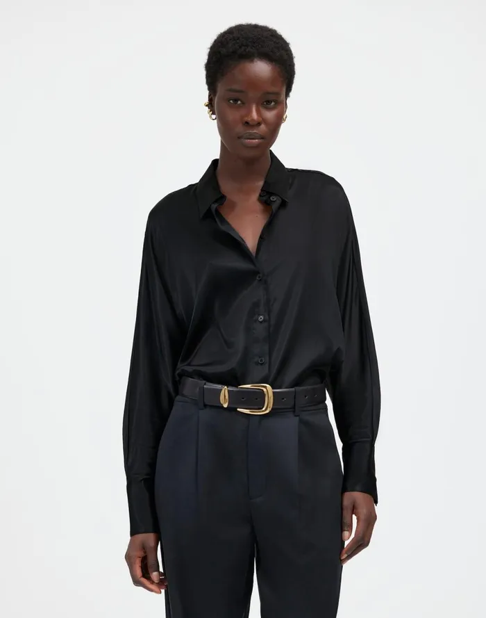 Women Tops and Shirts Madewell Relaxed Dolman ButtonUp Shirt In Satin True Black