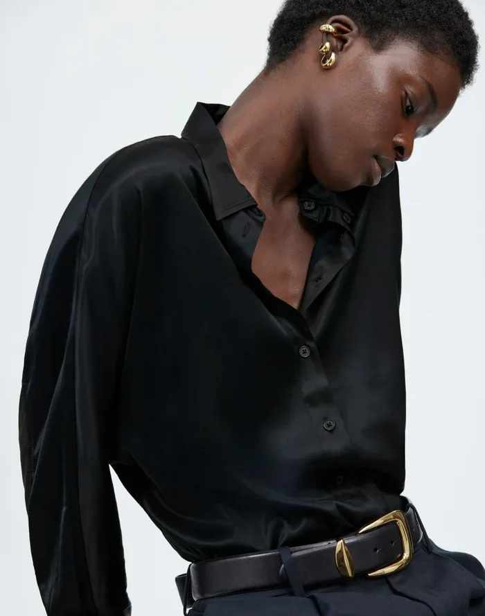Women Tops and Shirts Madewell Relaxed Dolman ButtonUp Shirt In Satin True Black