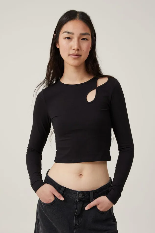 Women Tops Cotton On Bailey Keyhole Shoulder Long Sleeve Top Black