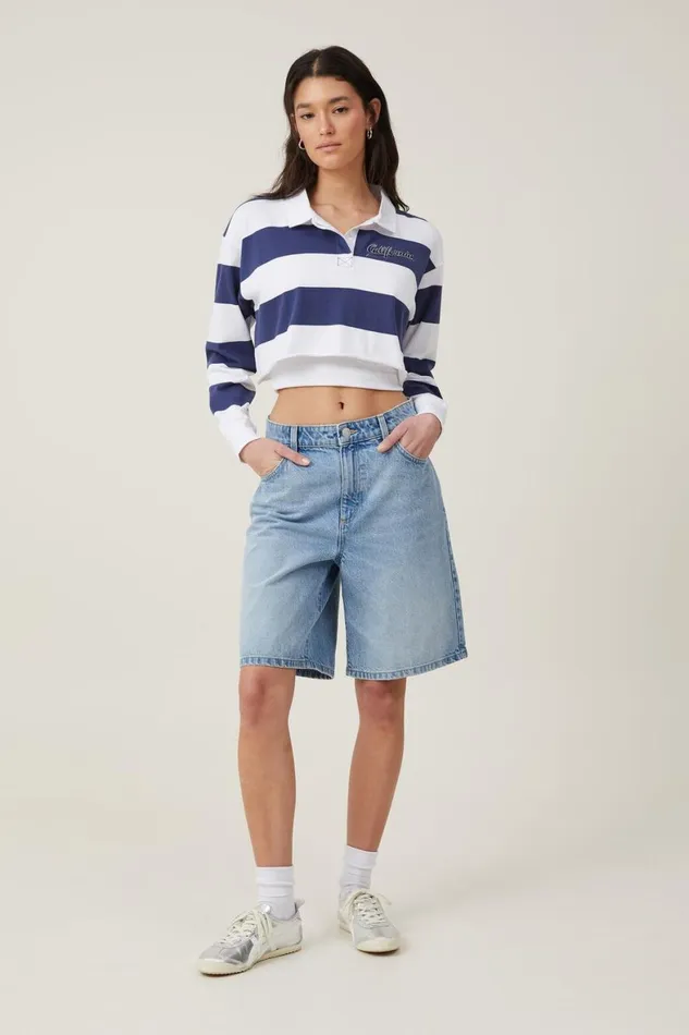 Women Tops Cotton On Long Sleeve Crop Graphic Rugby Tee California Stripevintage Navywhite