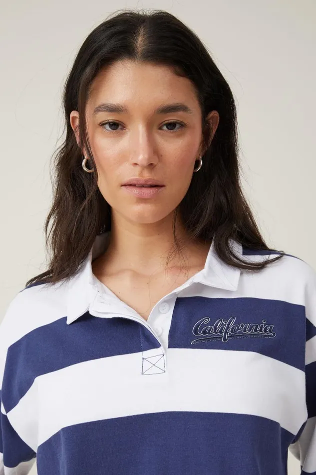 Women Tops Cotton On Long Sleeve Crop Graphic Rugby Tee California Stripevintage Navywhite