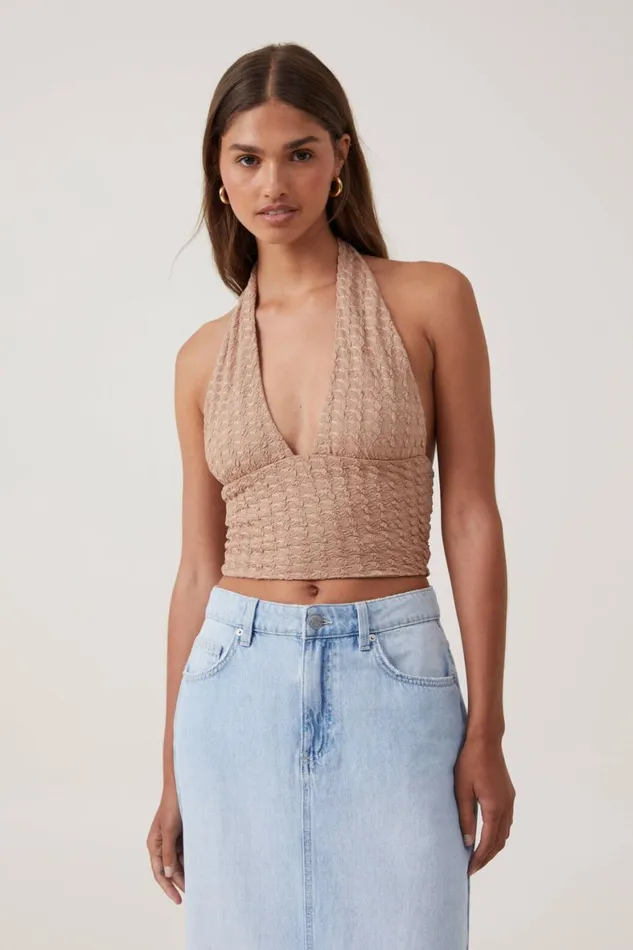 Women Tops Cotton On Nova Textured Halter Top Chestnut