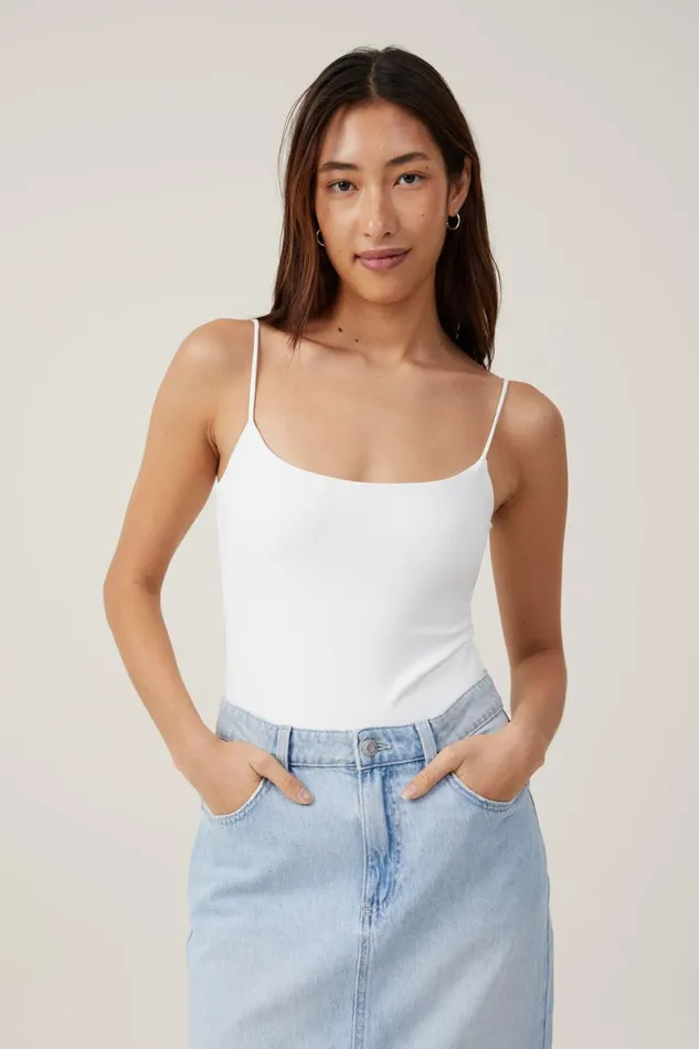 Women Tops Cotton On Smooth Straight Neck Bodysuit Vintage White