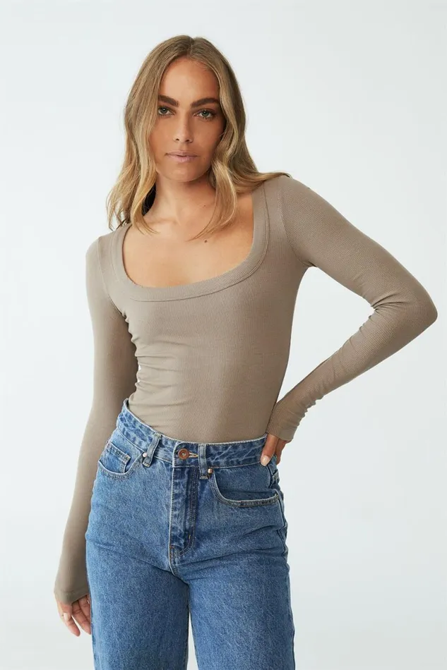 Women Tops Cotton On Staple Rib Scoop Neck Long Sleeve Top Rich Taupe