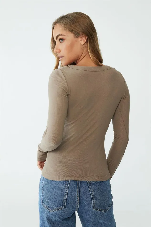 Women Tops Cotton On Staple Rib Scoop Neck Long Sleeve Top Rich Taupe