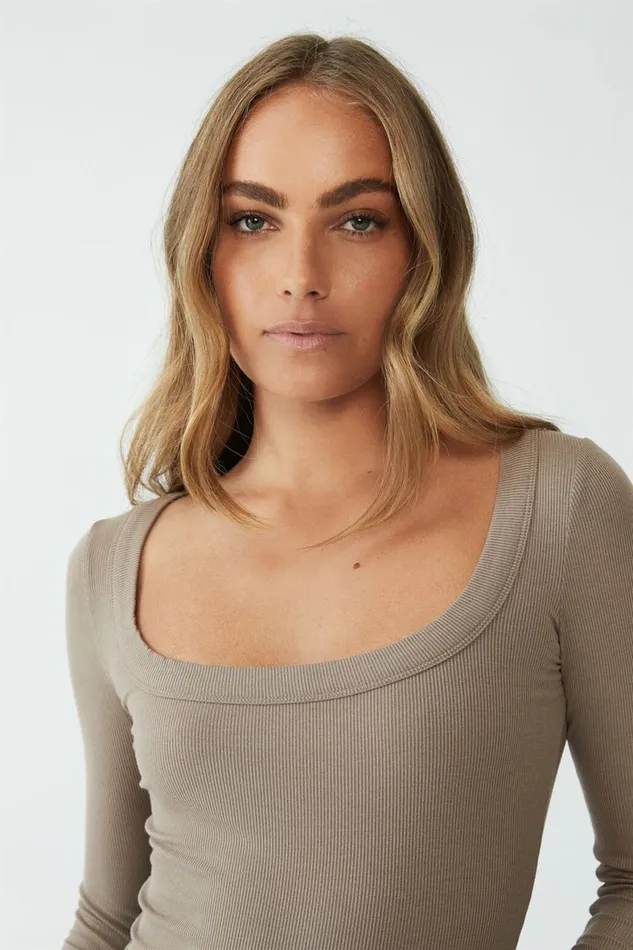 Women Tops Cotton On Staple Rib Scoop Neck Long Sleeve Top Rich Taupe