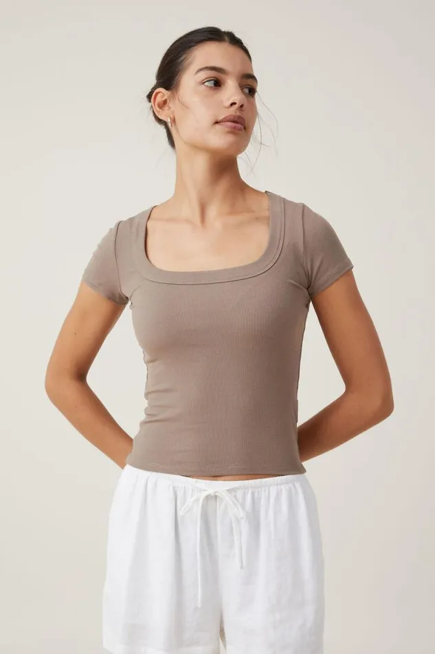 Women Tops Cotton On Staple Rib Scoop Neck Short Sleeve Top Rich Taupe