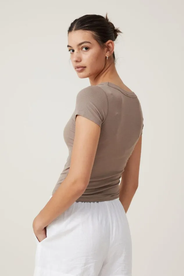 Women Tops Cotton On Staple Rib Scoop Neck Short Sleeve Top Rich Taupe
