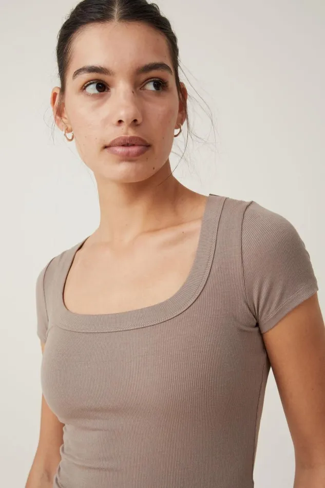 Women Tops Cotton On Staple Rib Scoop Neck Short Sleeve Top Rich Taupe